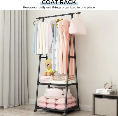 Porte-manteau triangulaire multifonctionnel avec roulettes - Noir