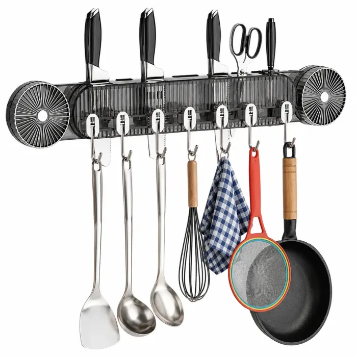 Support Mural Multifonction pour Ustensiles de Cuisine avec Crochets et Porte-Couteaux